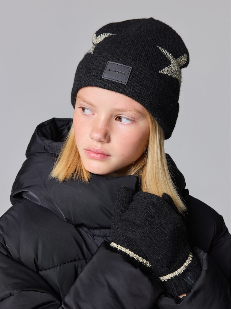 smALLSAINTS Black Metallic Gold Star Beanie and Gloves Set - Image 7 of 7
