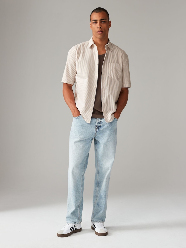 Natural 100% Cotton Stripe Short Sleeve Oxford Shirt - Image 2 of 7