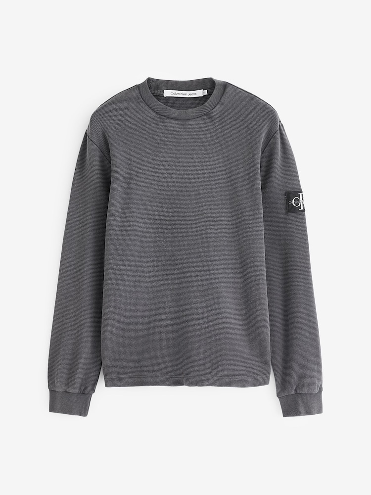 Calvin Klein Grey 100% Cotton Washed Badge Waffle T-Shirt - Image 1 of 2