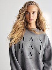 Charcoal Grey Manhattan New York Slogan Washed City Graphic Sweatshirt Jumper - Image 1 of 7