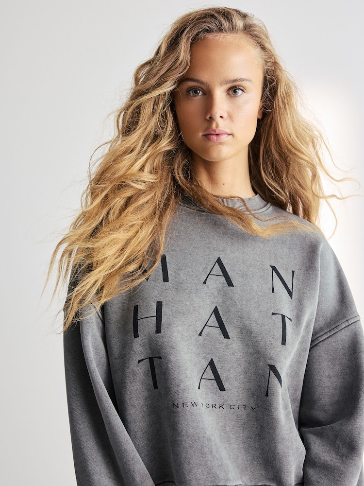 Charcoal Grey Manhattan New York Slogan Washed City Graphic Sweatshirt Jumper - Image 1 of 7