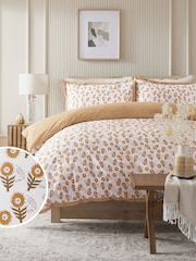 Yellow Ochre Reversible Woodblock Floral 100% Cotton Duvet Cover and Pillowcase Set - Image 1 of 6