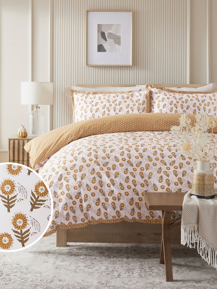 Yellow Ochre Reversible Woodblock Floral 100% Cotton Duvet Cover and Pillowcase Set - Image 1 of 6