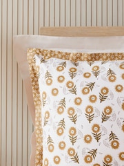 Yellow Ochre Reversible Woodblock Floral 100% Cotton Duvet Cover and Pillowcase Set - Image 4 of 6