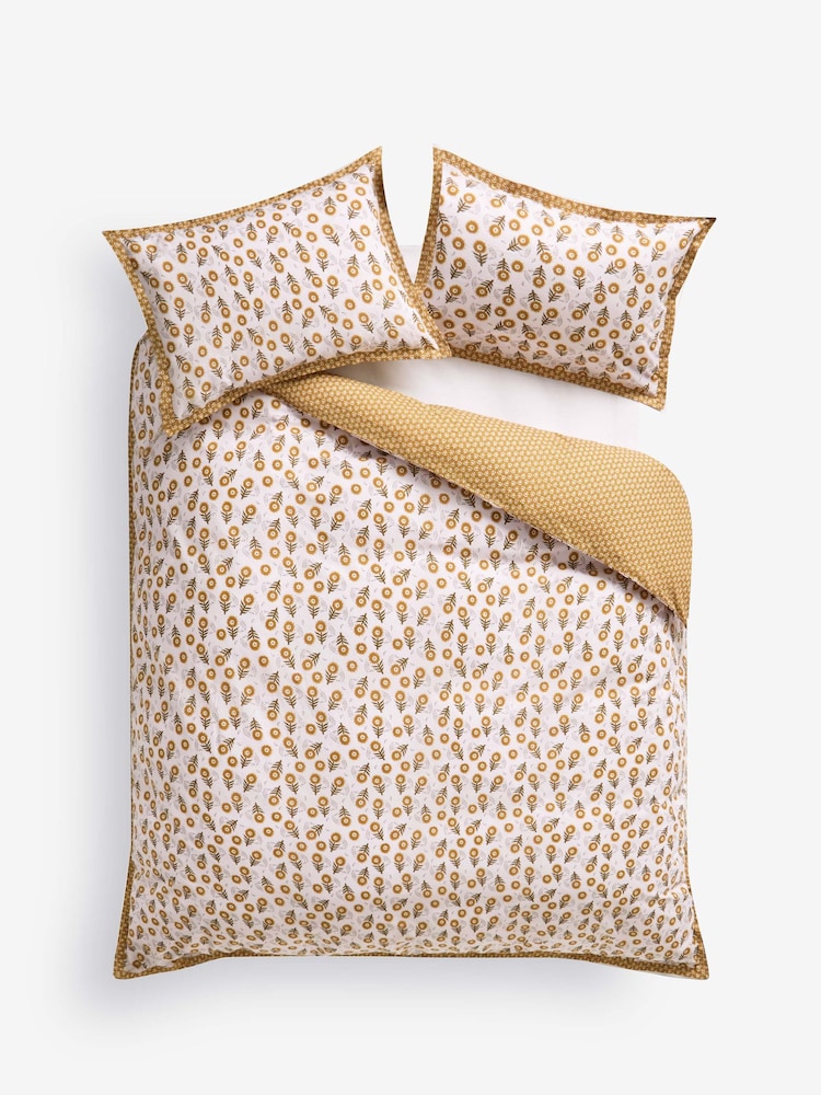 Yellow Ochre Reversible Woodblock Floral 100% Cotton Duvet Cover and Pillowcase Set - Image 6 of 6