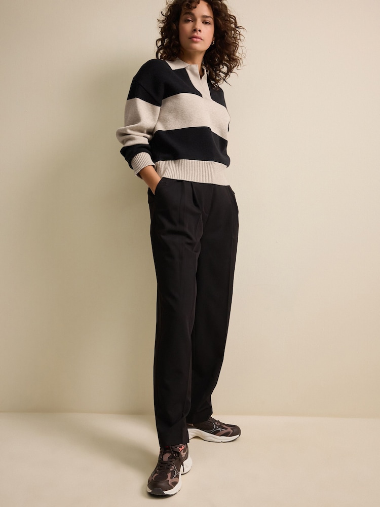 Neutral/Black Stripe Soft Touch Cosy Collared Button Down Polo Sweatshirt - Image 2 of 7