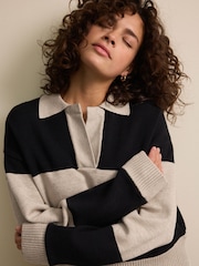 Neutral/Black Stripe Soft Touch Cosy Collared Button Down Polo Sweatshirt - Image 4 of 7