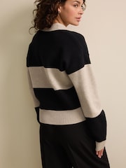 Neutral/Black Stripe Soft Touch Cosy Collared Button Down Polo Sweatshirt - Image 5 of 7