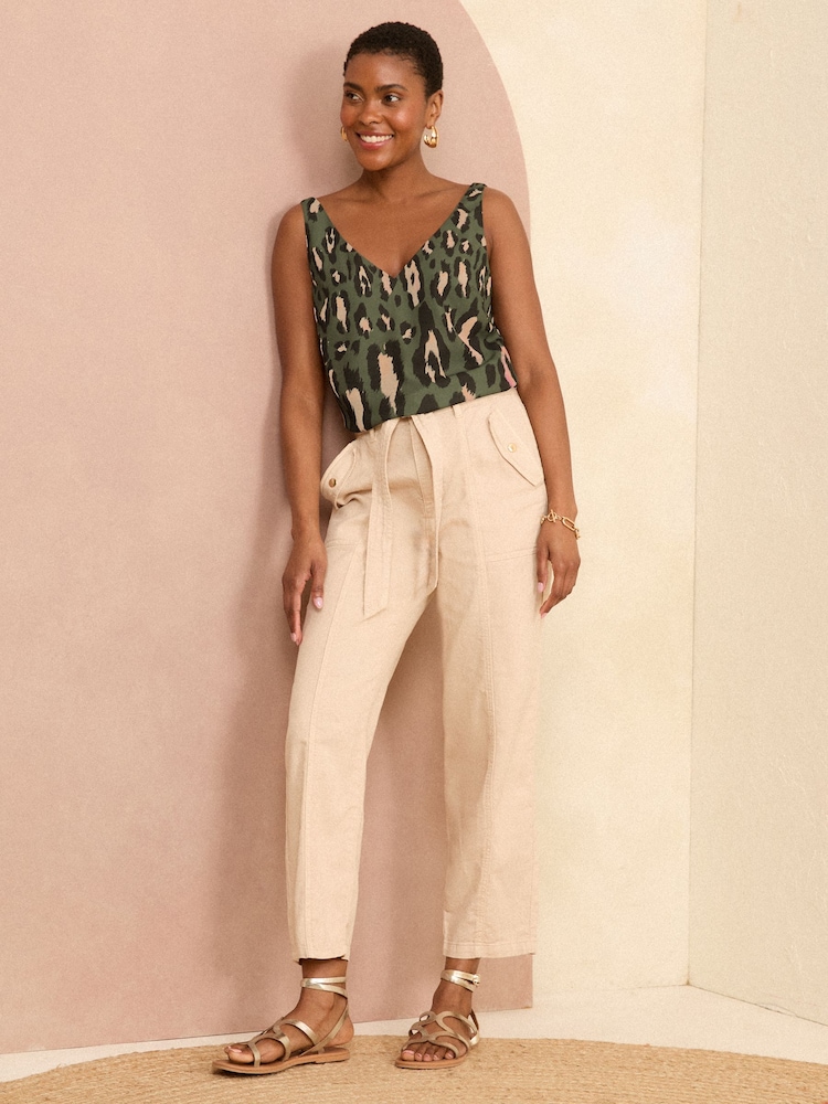 Love & Roses Khaki Animal Green V Neck V Back Woven Vest - Image 4 of 4