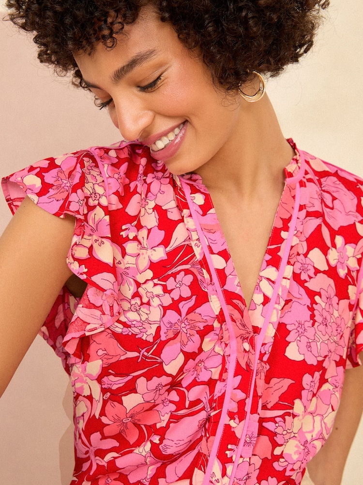 Love & Roses Red Floral Ruffle Trim V Neck Flutter Sleeve Blouse - Image 2 of 4