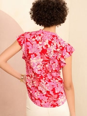 Love & Roses Red Floral Ruffle Trim V Neck Flutter Sleeve Blouse - Image 3 of 4