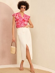 Love & Roses Red Floral Ruffle Trim V Neck Flutter Sleeve Blouse - Image 4 of 4