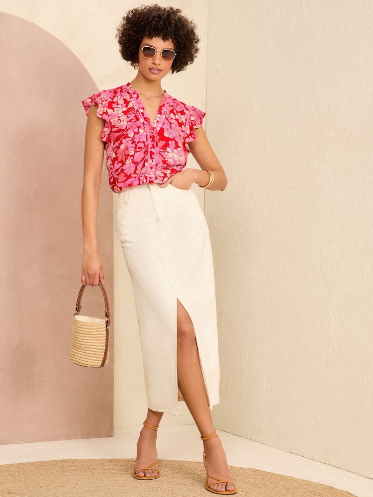 Love & Roses Red Floral Ruffle Trim V Neck Flutter Sleeve Blouse - Image 4 of 4