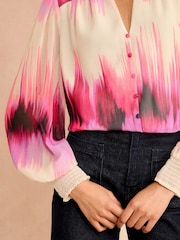 Love & Roses Pink Notch Neck Printed Blouse - Image 2 of 4