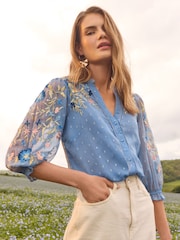 Love & Roses Blue Metallic Embroidered V Neck 3/4 Sleeve Blouse - Image 1 of 4