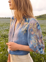 Love & Roses Blue Metallic Embroidered V Neck 3/4 Sleeve Blouse - Image 2 of 4
