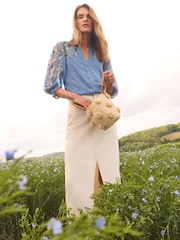Love & Roses Blue Metallic Embroidered V Neck 3/4 Sleeve Blouse - Image 3 of 4