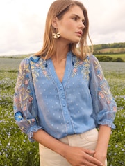 Love & Roses Blue Metallic Embroidered V Neck 3/4 Sleeve Blouse - Image 4 of 4