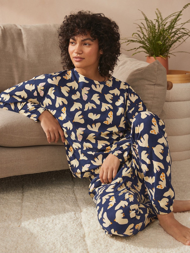 Navy Blue Birds 100% Cotton Long Sleeve Pyjamas - Image 1 of 7