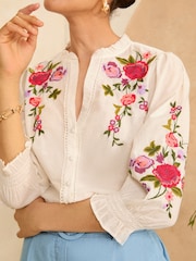 Love & Roses Ivory White Embroidery Embroidered V Neck 3/4 Sleeve Blouse - Image 2 of 4