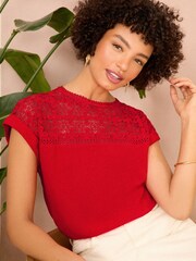 Love & Roses Red Crochet Yoke Woven T-Shirt - Image 1 of 4