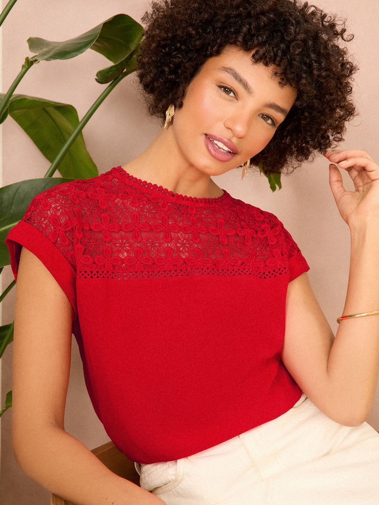 Love & Roses Red Crochet Yoke Woven T-Shirt - Image 1 of 4