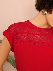 Love & Roses Red Crochet Yoke Woven T-Shirt - Image 2 of 4