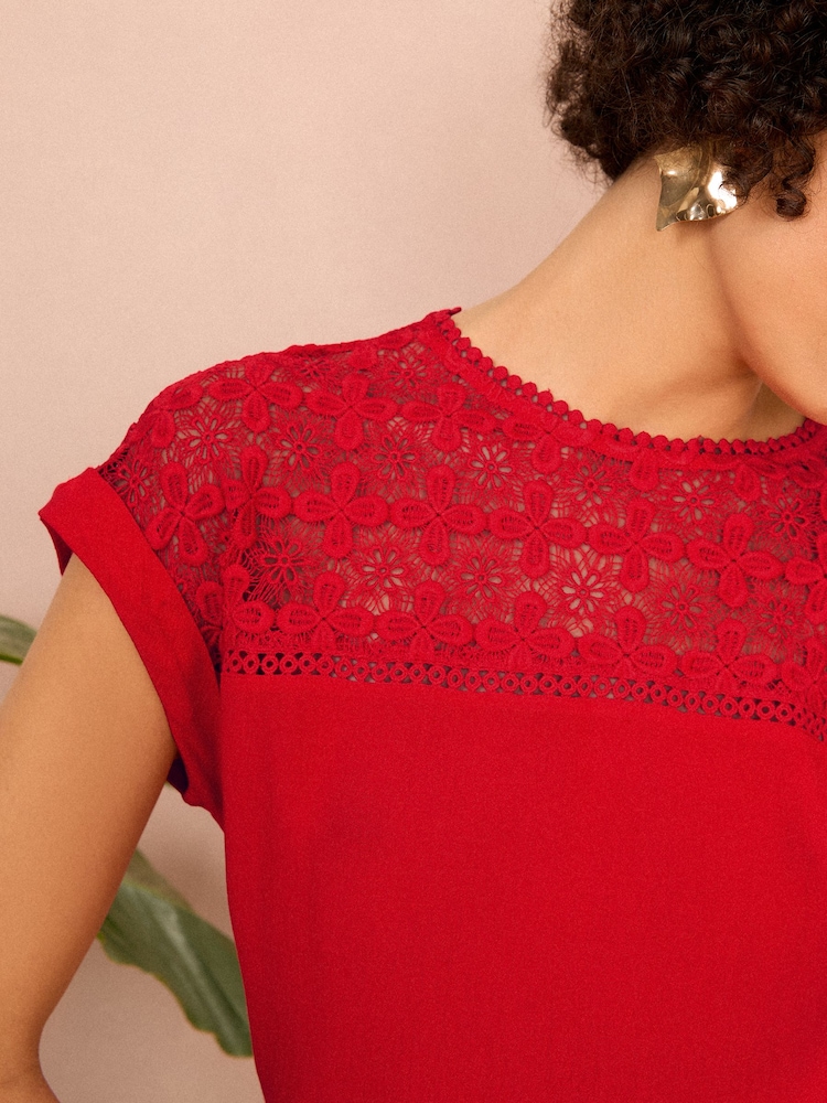 Love & Roses Red Crochet Yoke Woven T-Shirt - Image 2 of 4
