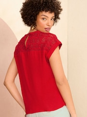 Love & Roses Red Crochet Yoke Woven T-Shirt - Image 3 of 4