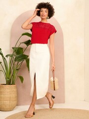 Love & Roses Red Crochet Yoke Woven T-Shirt - Image 4 of 4