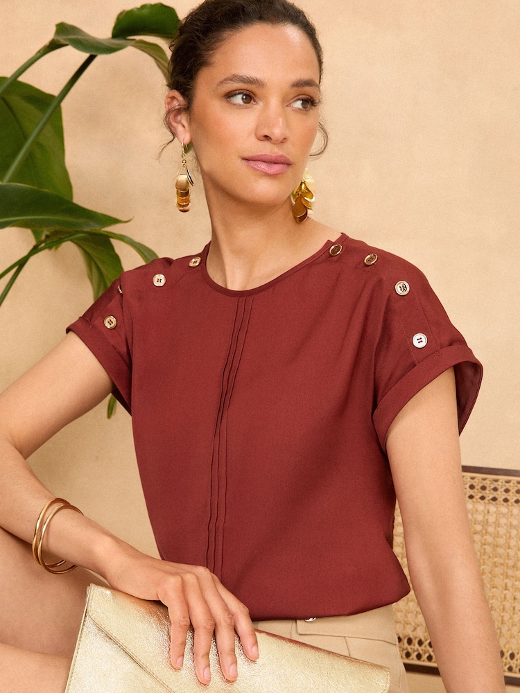 Love & Roses Red Petite Button Detail Satin T-Shirt - Image 1 of 4