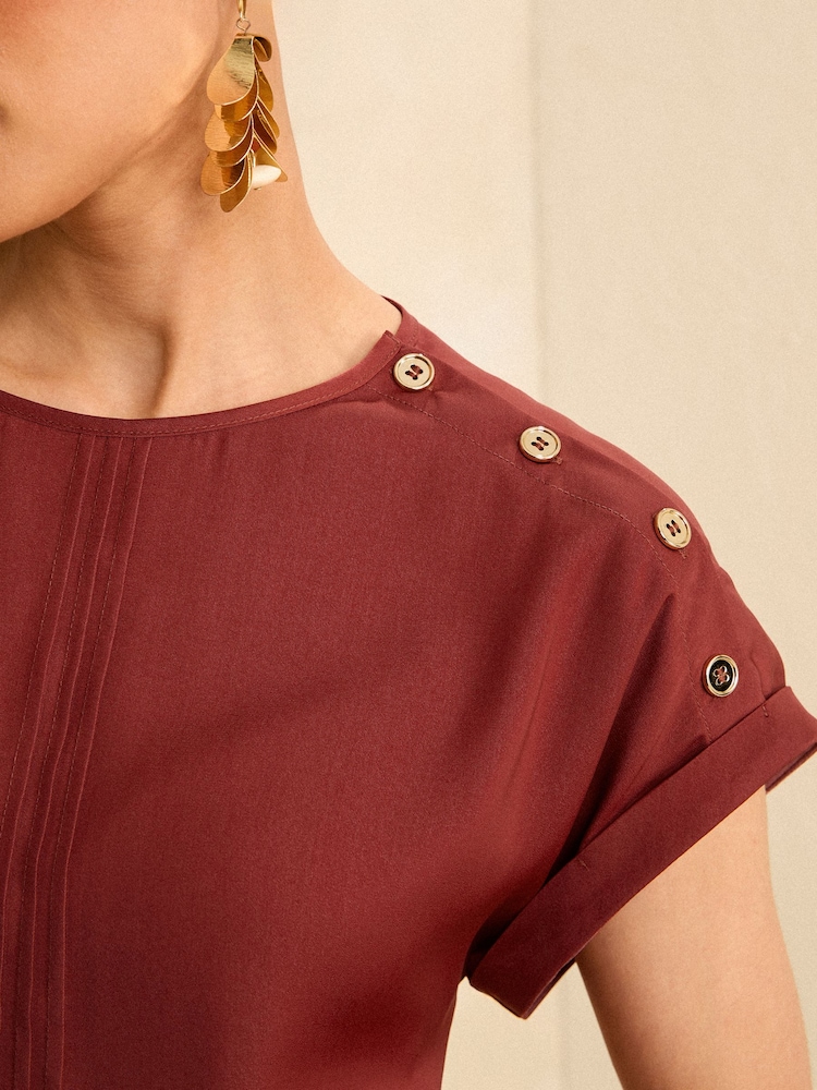 Love & Roses Red Petite Button Detail Satin T-Shirt - Image 2 of 4