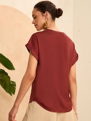 Love & Roses Red Petite Button Detail Satin T-Shirt - Image 3 of 4