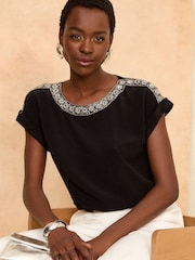 Love & Roses Embelished Black Roll Sleeve T-Shirt - Image 1 of 4
