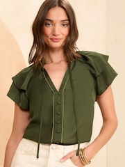 Love & Roses Khaki Green Satin Ruffle Detail Blouse - Image 1 of 4