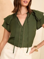 Love & Roses Khaki Green Satin Ruffle Detail Blouse - Image 2 of 4