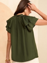 Love & Roses Khaki Green Satin Ruffle Detail Blouse - Image 4 of 4