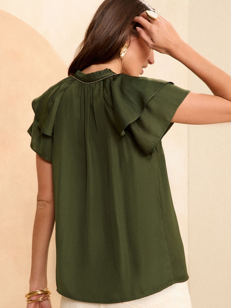 Love & Roses Khaki Green Satin Ruffle Detail Blouse - Image 4 of 4