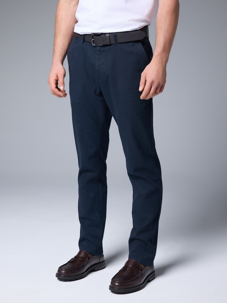 Navy Blue Soft Touch Belted Textured Stretch Chinos Trousers - Image 1 of 9