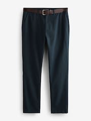Navy Blue Soft Touch Belted Textured Stretch Chinos Trousers - Image 7 of 9