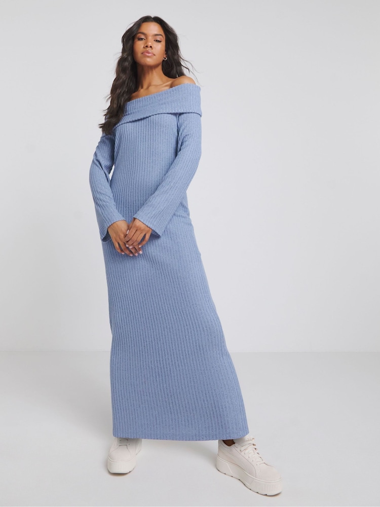 Simply Be Blue Bardot Cosy Rib Maxi Dress - Image 1 of 4