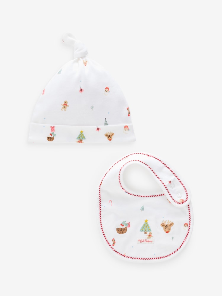 White Baby Christmas 100% Cotton Bib and Hat Set (0-12mths) - Image 1 of 4