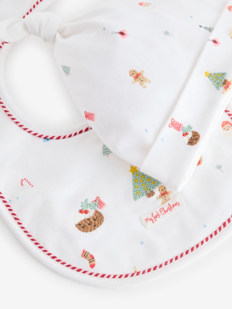 White Baby Christmas 100% Cotton Bib and Hat Set (0-12mths) - Image 4 of 4