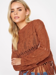 PixieGirl Petite Brown Rust Orange Crochet Tassel Jumper - Image 4 of 4