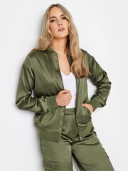 Long Tall Sally Khaki Green Satin Bomber Jacket - Image 1 of 4