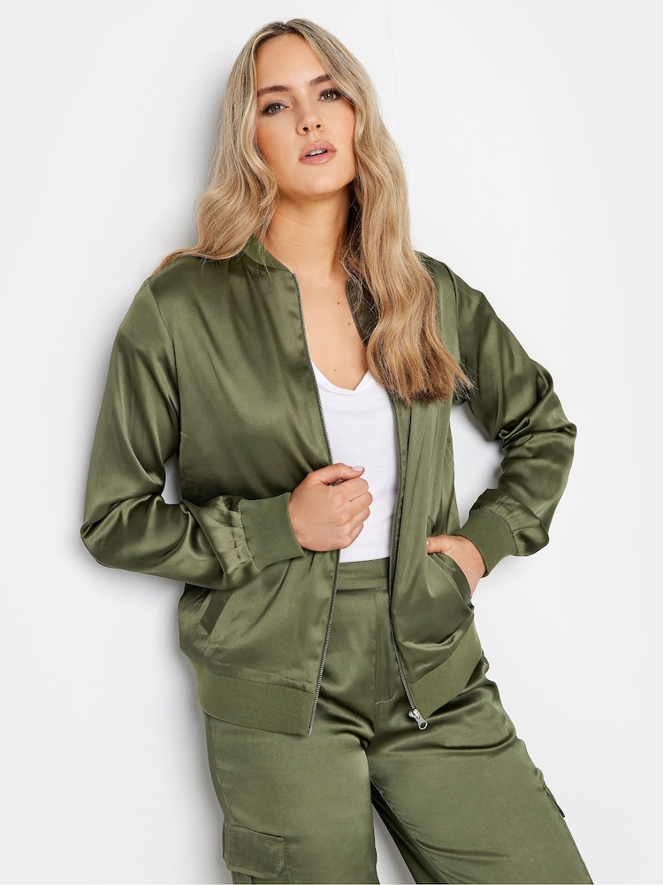 Long Tall Sally Khaki Green Satin Bomber Jacket - Image 1 of 4