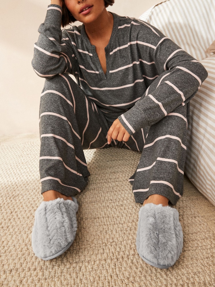 Grey Faux Fur Mule Slippers - Image 1 of 7