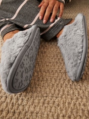 Grey Faux Fur Mule Slippers - Image 2 of 7