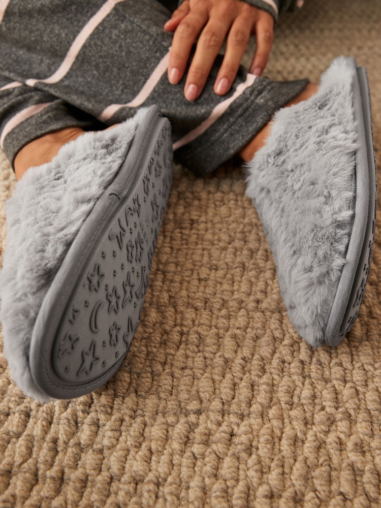 Grey Faux Fur Mule Slippers - Image 2 of 7