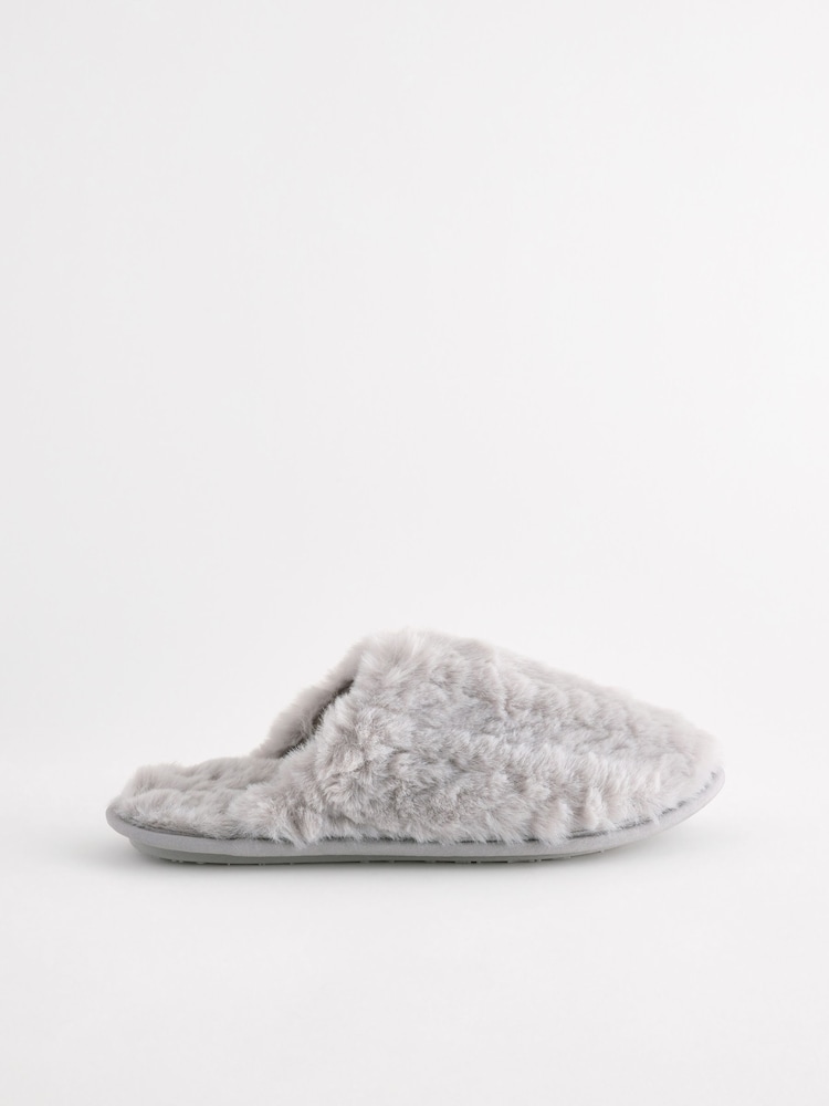 Grey Faux Fur Mule Slippers - Image 4 of 7